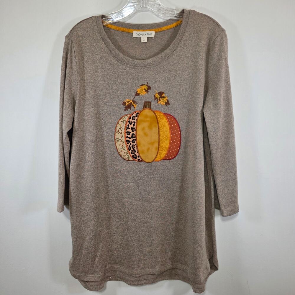 Clover + Pine Womens Pumpkin Fall Autumn Applique 3/4 Sleeve Knit Top Size Large